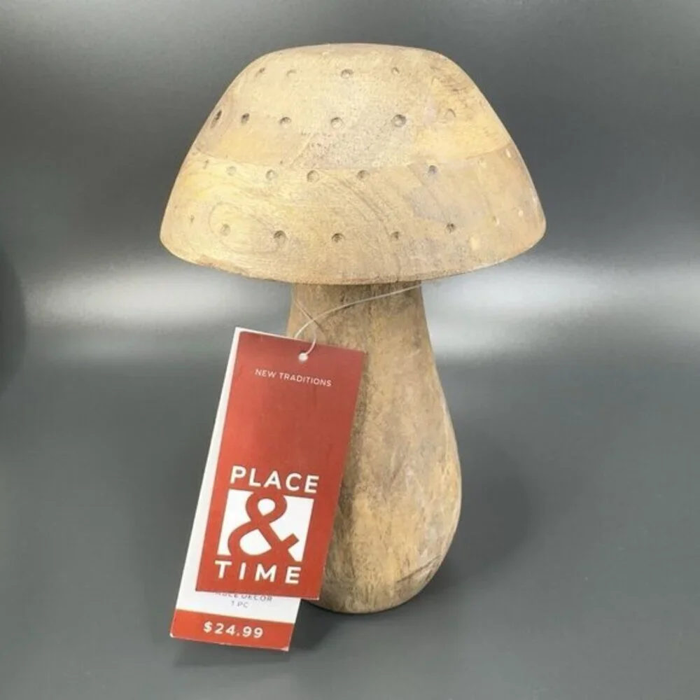 Place And Time Wooden Tall Mushroom Primitive Style‎ Wood Figurine With Labels